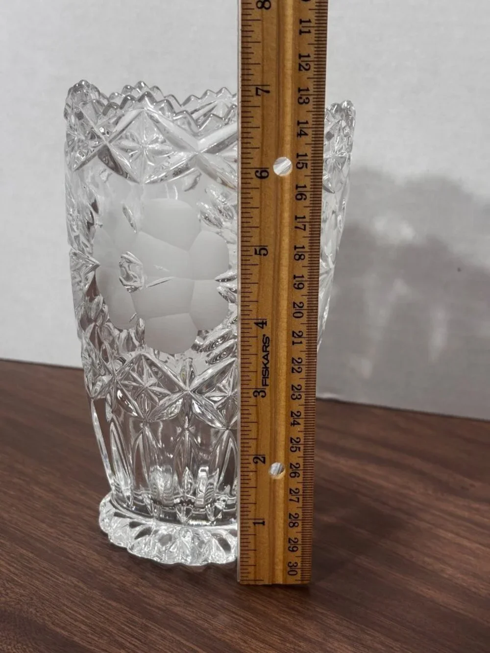 Imperlux 24% Lead Crystal Vase With Etched Frosted Floral Pattern VTG 80s